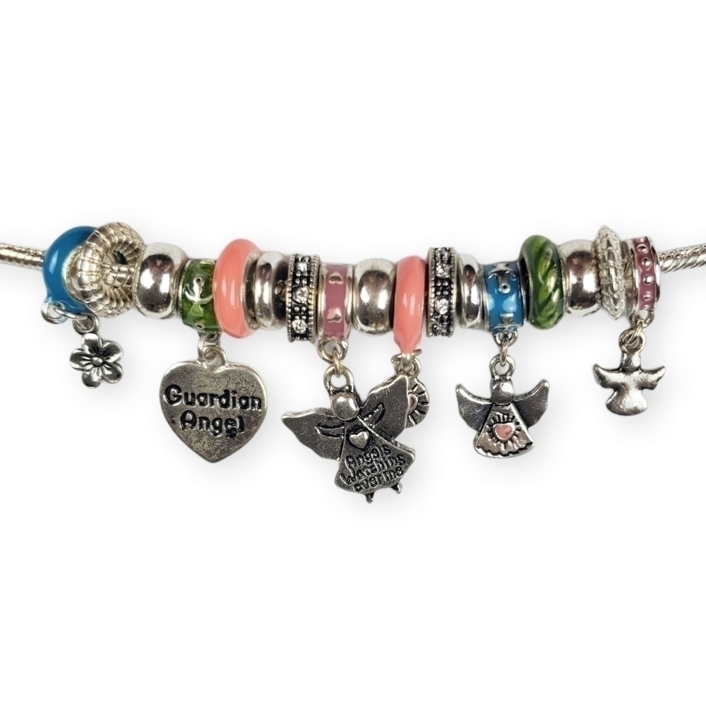 Guardian Angel Snake Chain Bracelet Slide Charm Enamel Bead Silver Tone 7.75"